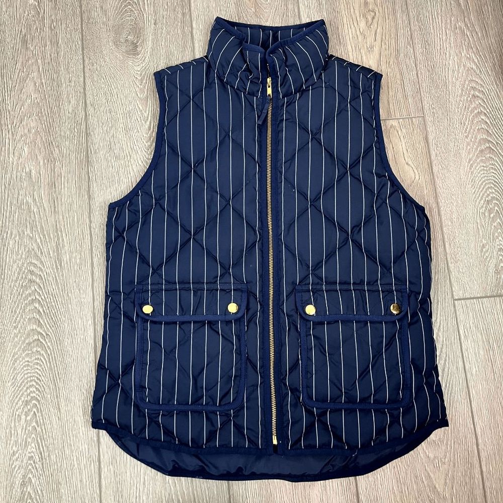 J. Crew Women Excursion Quilted Puffer Vest Navy Blue Pin Stripe Down Size Small